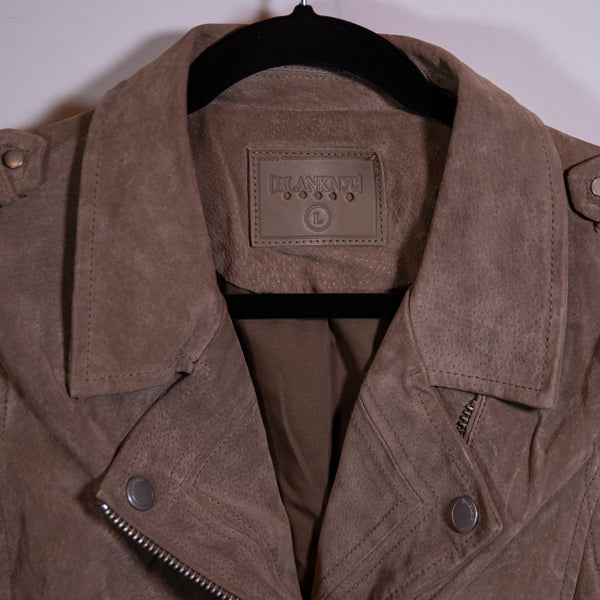 BLANKNYC Genuine Suede Leather French Taupe Motorcycle Belt Buckle Jacket Large