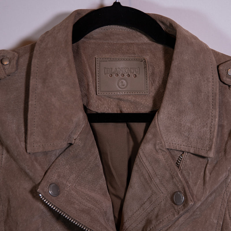 BLANKNYC Genuine Suede Leather French Taupe Motorcycle Belt Buckle Jacket Large