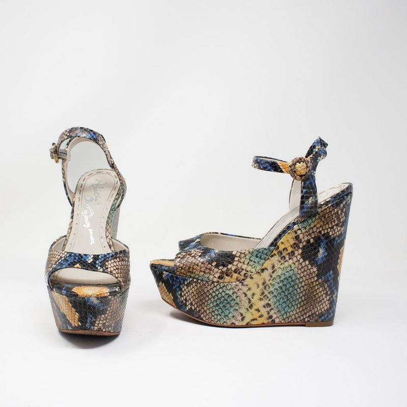 Alice + Olivia Jana Genuine Leather Multicolor Snake Python Print Wedges Heels