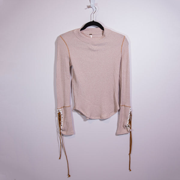 Free People Moutaineer Waffle Knit Lace Up Long Sleeve Crew Neck Tee Shirt Beige