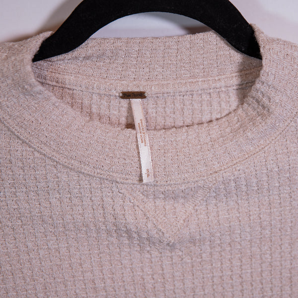 Free People Moutaineer Waffle Knit Lace Up Long Sleeve Crew Neck Tee Shirt Beige