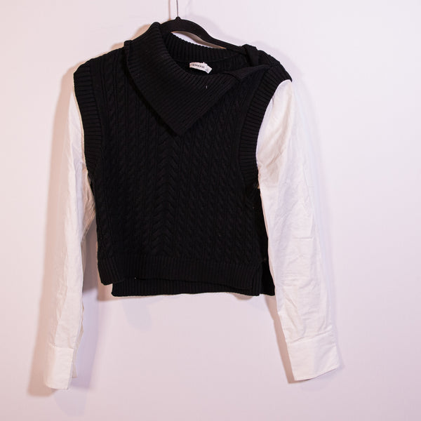 Simkhai Linnea Combo Cotton Poplin Wool Knit Overlay Long Sleeve Sweater Black M