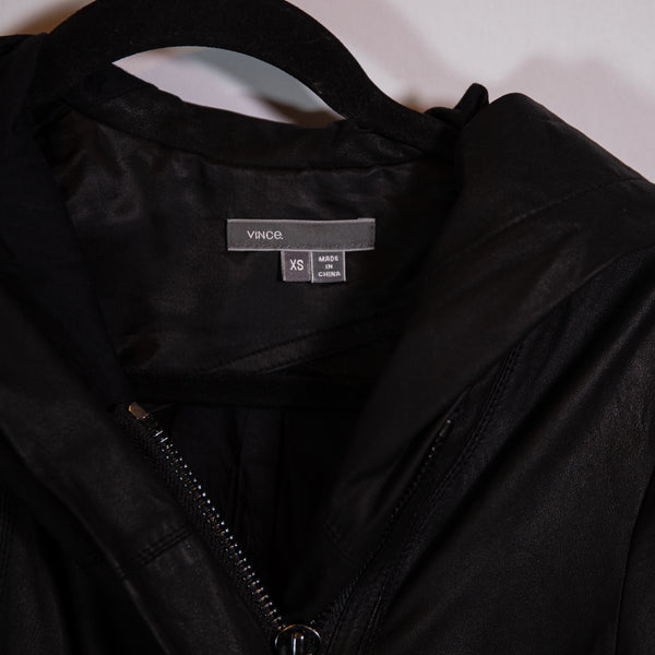 Vince Genuine Leather Asymmetrical Zipper Hooded Hood Black Moto Jacket XS