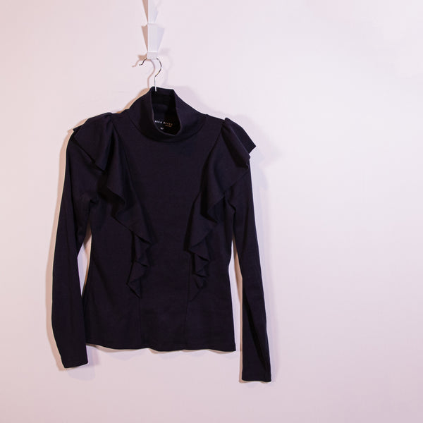 Veronica Beard Freida Ruffle Turtleneck Ribbed Knit Long Sleeve Pullover Sweater