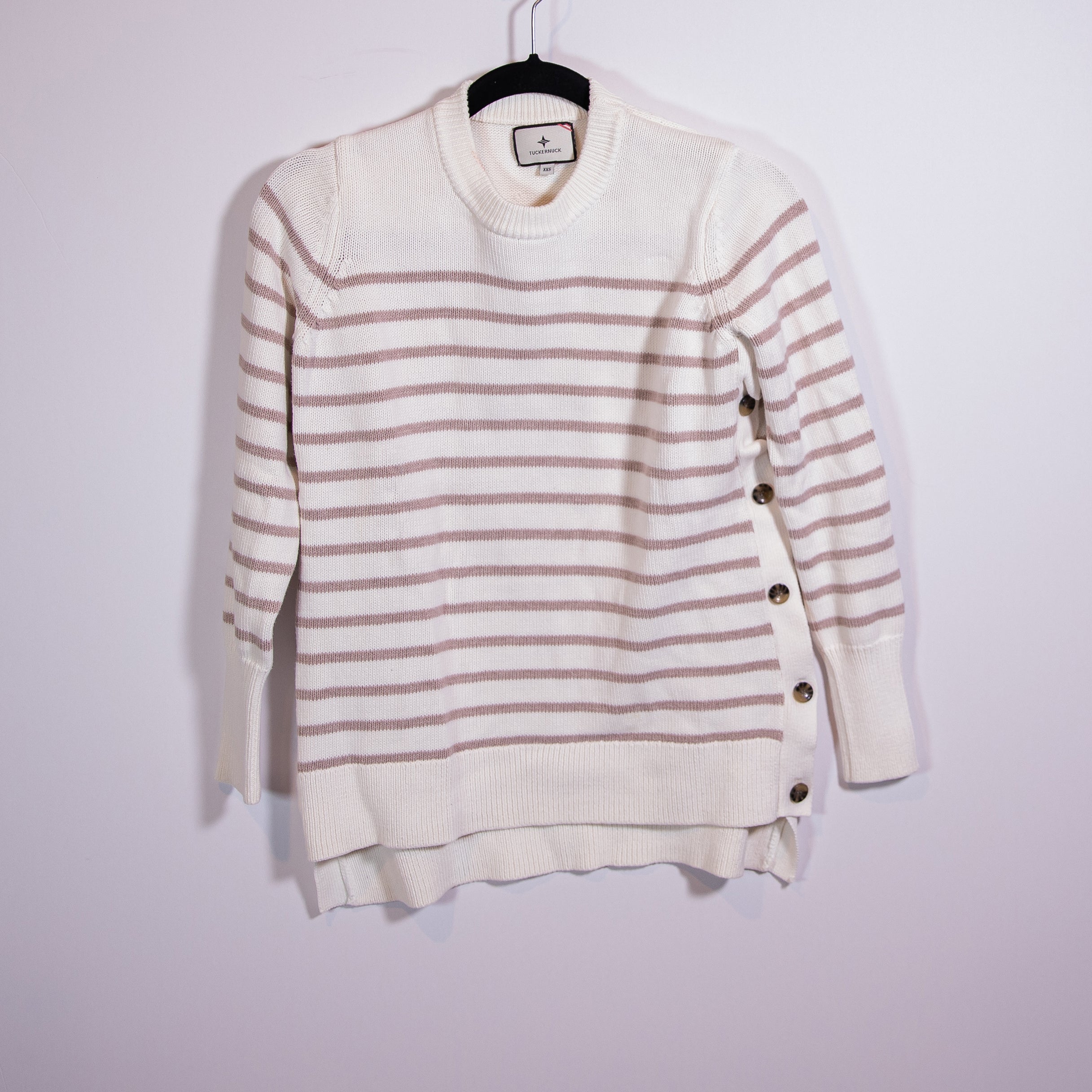 Tuckernuck Bar Harbor Beige Stripe Cotton Knit Stretch Button Side Sweater XXS