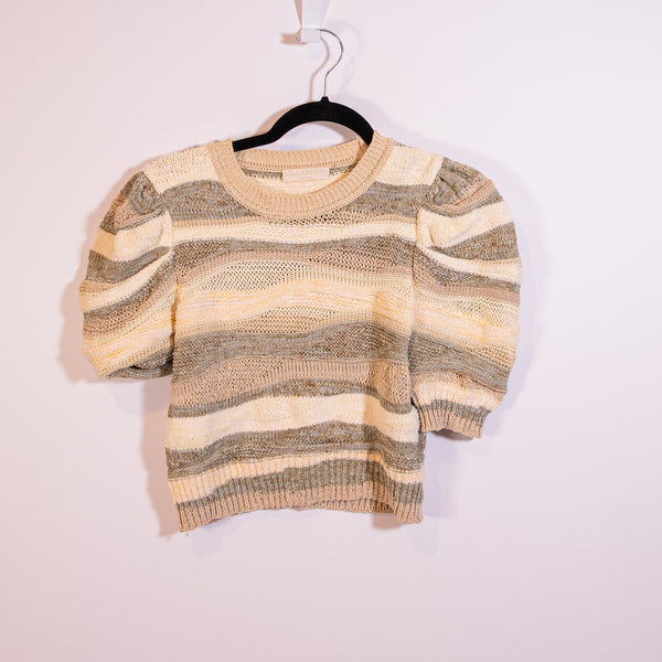 Ulla Johnson Odie Cotton Blend Knit Stretch Puff Half Sleeve Sweater Haze Stripe