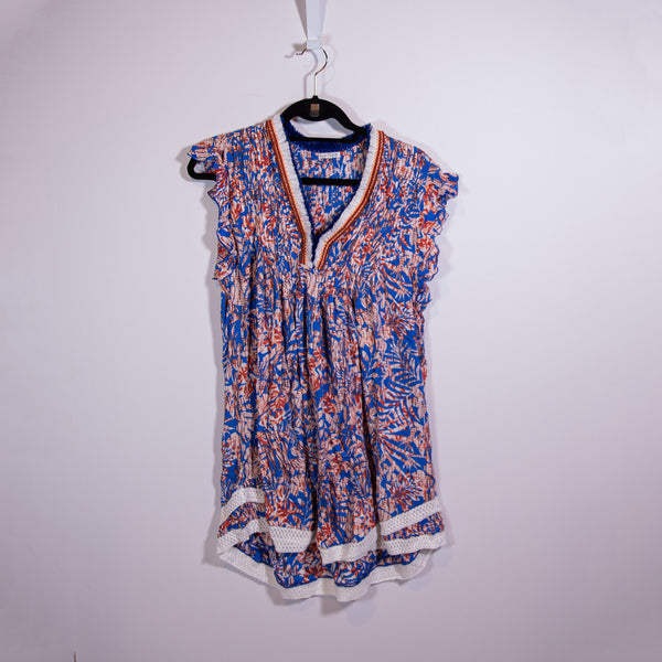 Poupette St Barth Sasha V Neck Pullover Mini Ruffle Fringe Dress Blue Tropical
