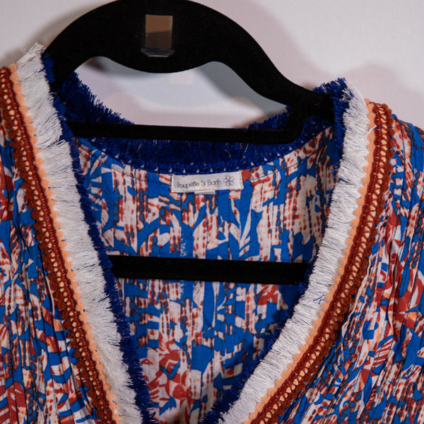 Poupette St Barth Sasha V Neck Pullover Mini Ruffle Fringe Dress Blue Tropical