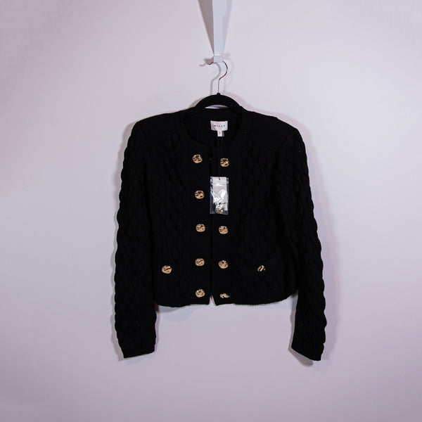 NEW Milly 3D Textured Wool Knit Stretch Button Front Cardigan Sweater Black S