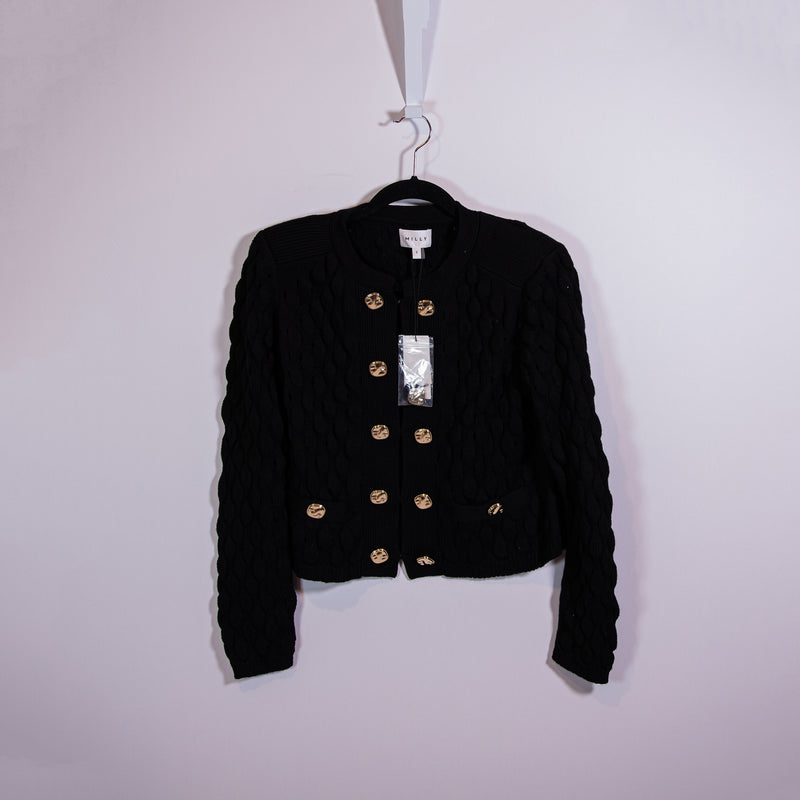 NEW Milly 3D Textured Wool Knit Stretch Button Front Cardigan Sweater Black S