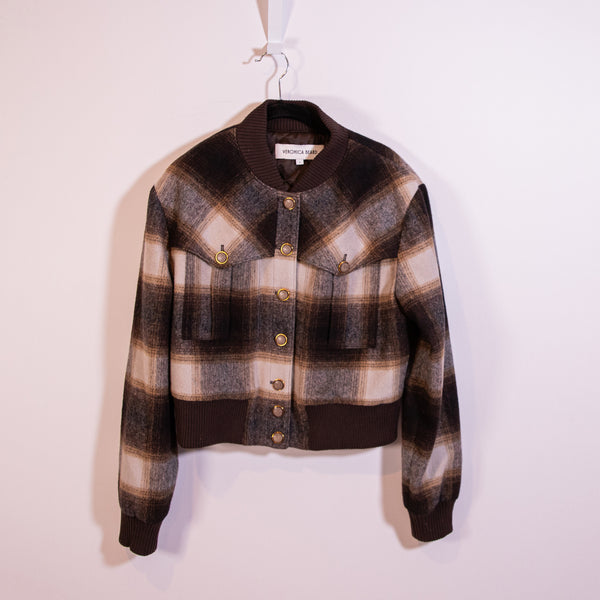 Veronica Beard Stanley Plaid Cropped Bomber Wool Fleece Jacket Multi Brown 6