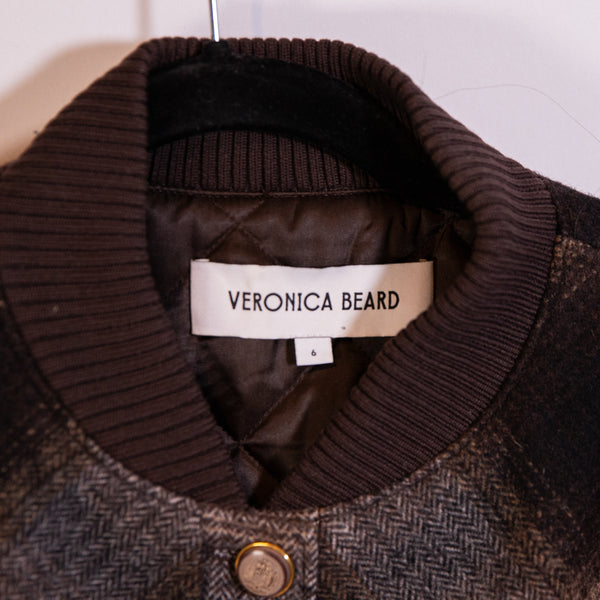 Veronica Beard Stanley Plaid Cropped Bomber Wool Fleece Jacket Multi Brown 6
