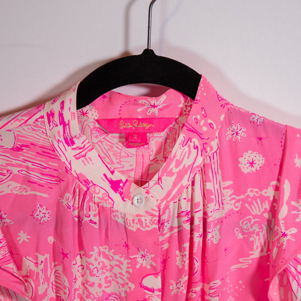 Lilly Pulitzer Palm Beach Silk Chiffon Midi Dress Pop Up Skinny Dipping Pink 2