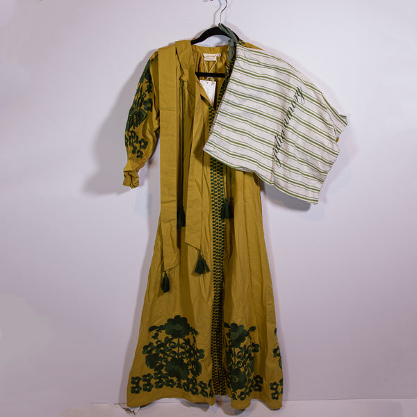 NEW Julia Amory Coatue Caftan Floral Flower Embroidered Belted Maxi Dress Green