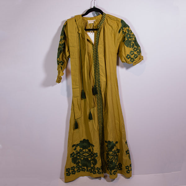 NEW Julia Amory Coatue Caftan Floral Flower Embroidered Belted Maxi Dress Green