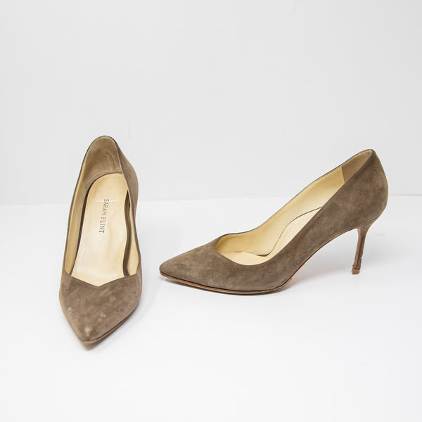 Sarah Flint Perfect Pump Suede Pointed Toe High Heels Pumps Shoes Navy Taupe 8.5