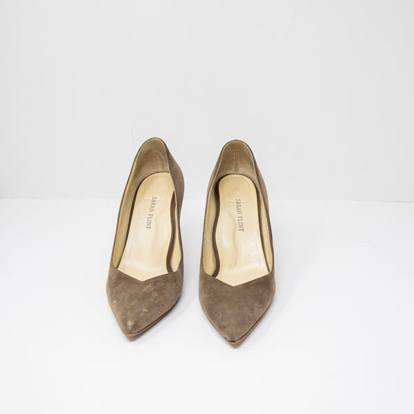Sarah Flint Perfect Pump Suede Pointed Toe High Heels Pumps Shoes Navy Taupe 8.5