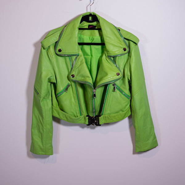 MKP Leather Semi Cropped Full Zip Buckled Motorcycle Green Jacket Coat Small