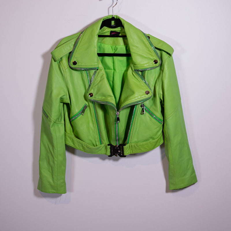 MKP Leather Semi Cropped Full Zip Buckled Motorcycle Green Jacket Coat Small