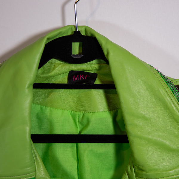 MKP Leather Semi Cropped Full Zip Buckled Motorcycle Green Jacket Coat Small