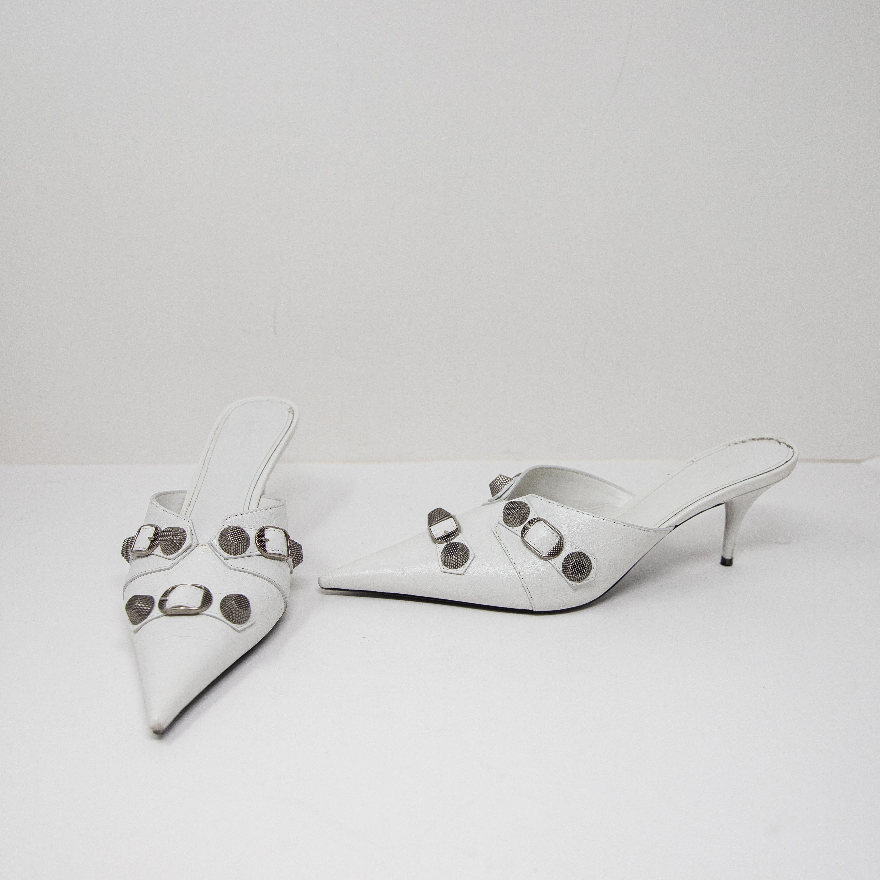 Balenciaga Cagole Studded Embellished Genuine Leather Pointed Toe Heels Mules 9