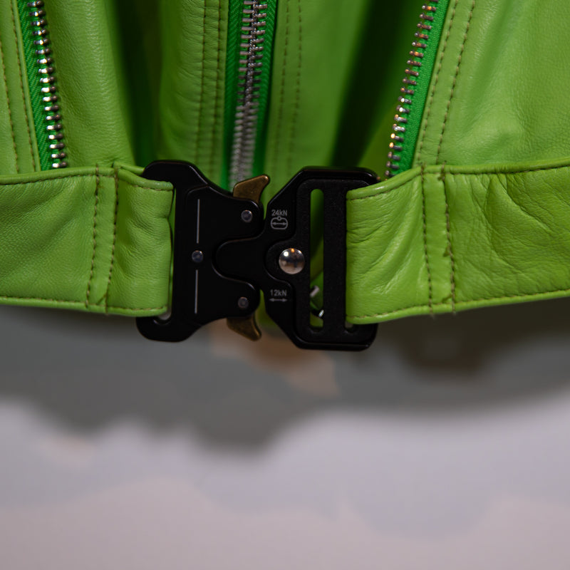 MKP Leather Semi Cropped Full Zip Buckled Motorcycle Green Jacket Coat Small