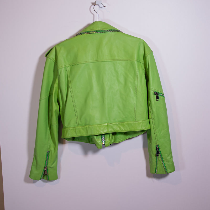 MKP Leather Semi Cropped Full Zip Buckled Motorcycle Green Jacket Coat Small