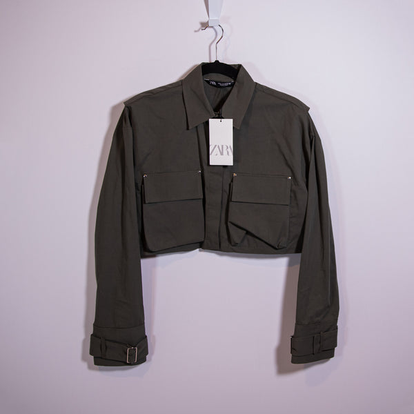 NEW Zara Cotton Poplin Stretch Multi Cargo Pocket Semi Cropped Collared Jacket S