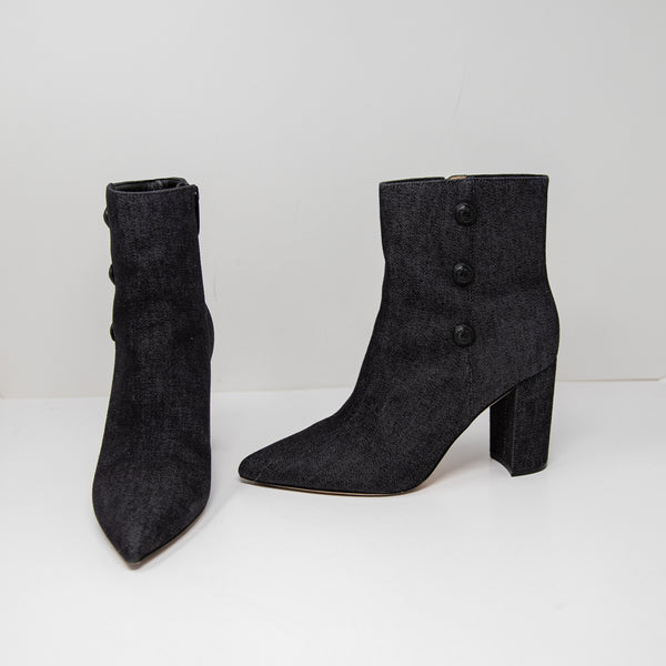 L'Agence Theodora Block High Heel Pointed Toe Button Detail Ankle Booties Denim