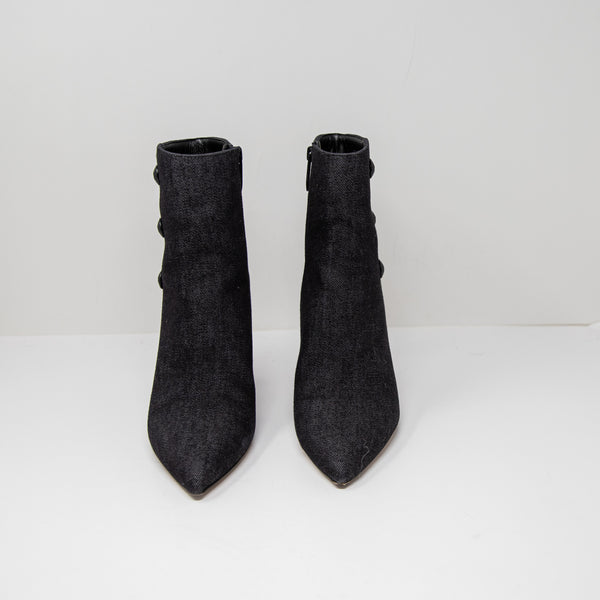 L'Agence Theodora Block High Heel Pointed Toe Button Detail Ankle Booties Denim