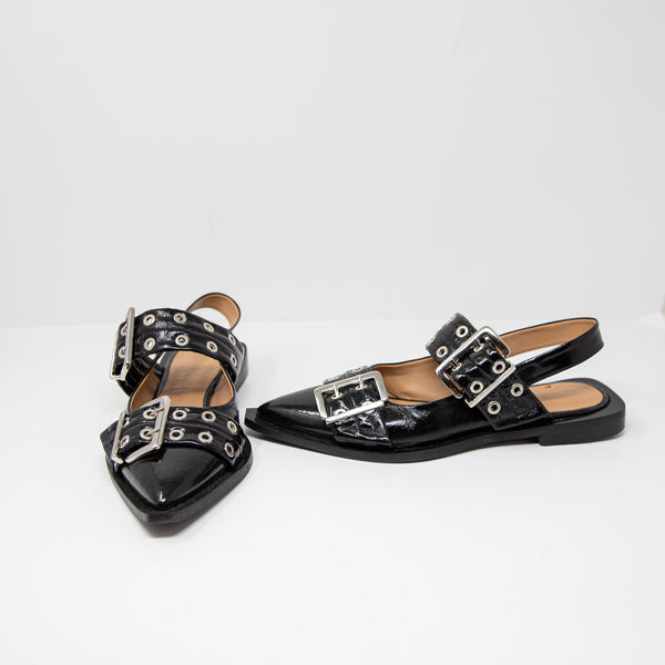 Ganni Wide Welt Buckle Faux Leather Pointed Toe Ballerina Flats Shoes Black 9