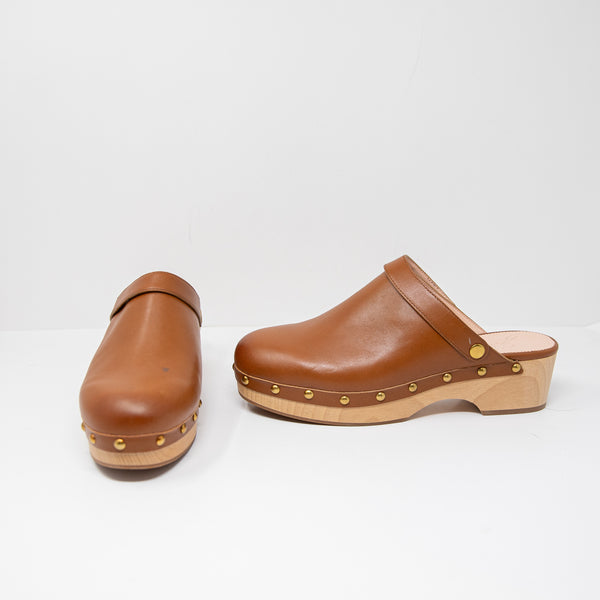 NEW J. Crew Convertible Leather Studded Embellished Wood Sole Clogs Shoe Brown