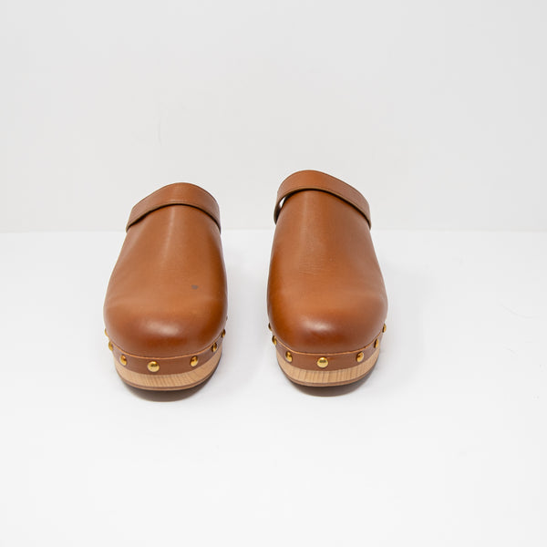 NEW J. Crew Convertible Leather Studded Embellished Wood Sole Clogs Shoe Brown
