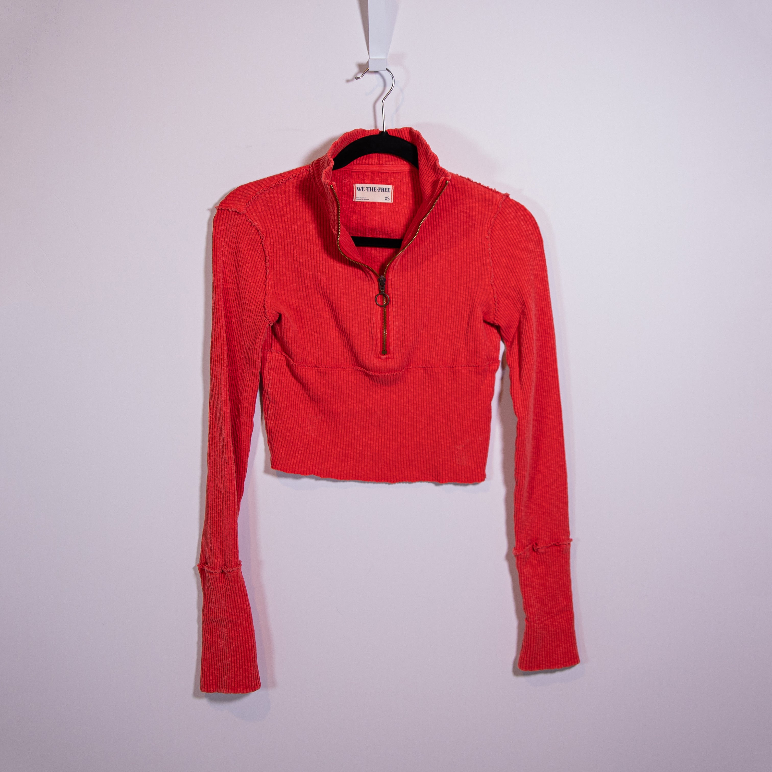 Free People Midnight Half Zip V Neck Pullover Ribbed Sweater High Risk Red XS