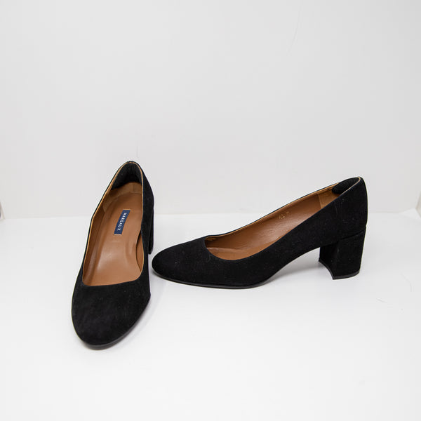 Margaux The Heel Genuine Suede Block Heel Round Toe Slip On Shoes Black 11
