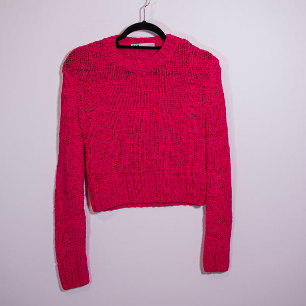 Zara Cotton Blend Loose Knit Crew Neck Pullover Long Sleeve Sweater Hot Pink S