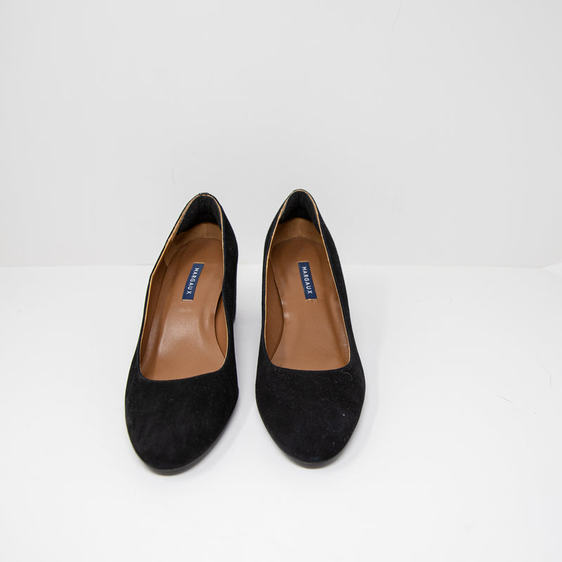 Margaux The Heel Genuine Suede Block Heel Round Toe Slip On Shoes Black 11
