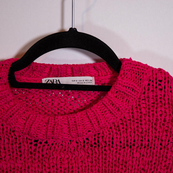 Zara Cotton Blend Loose Knit Crew Neck Pullover Long Sleeve Sweater Hot Pink S