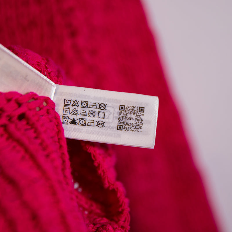 Zara Cotton Blend Loose Knit Crew Neck Pullover Long Sleeve Sweater Hot Pink S