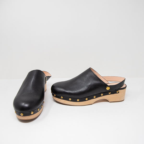 NEW J. Crew Convertible Leather Studded Embellished Wood Sole Clogs Shoe Black