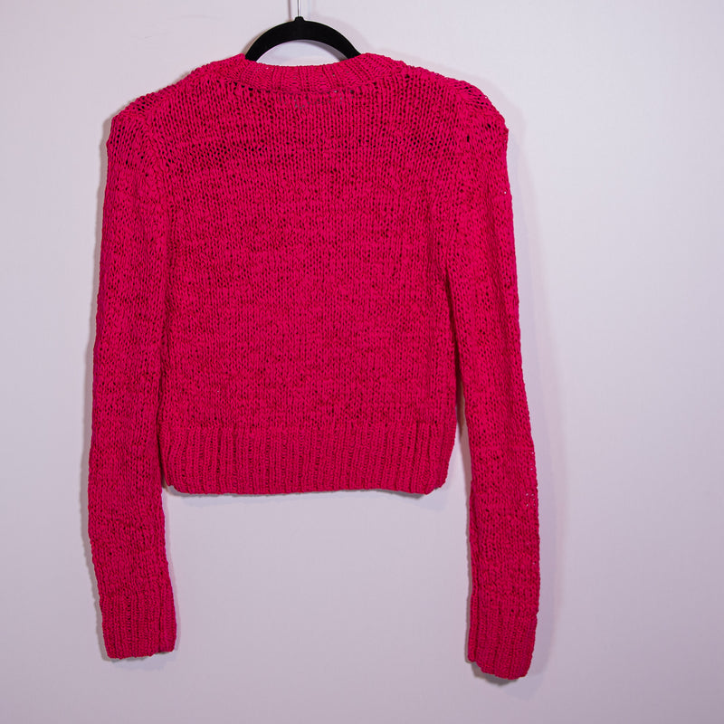 Zara Cotton Blend Loose Knit Crew Neck Pullover Long Sleeve Sweater Hot Pink S