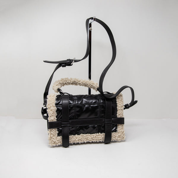 Zara Faux Vegan Leather Shearling Trim Quilted Foldover Crossbody Purse Bag