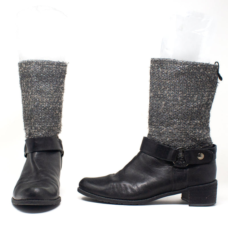 Stuart Weitzman Pimlico Genuine Leather Textured Boucle Wool Boots Shoes Black