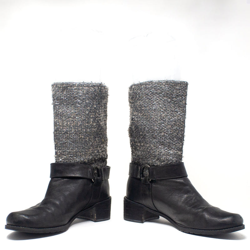 Stuart Weitzman Pimlico Genuine Leather Textured Boucle Wool Boots Shoes Black