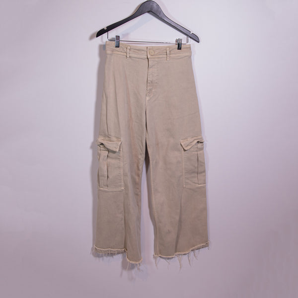 Zara Cotton Cargo Multi Pocket Wide Leg Frayed Raw Edge Hem Pants Beige 8