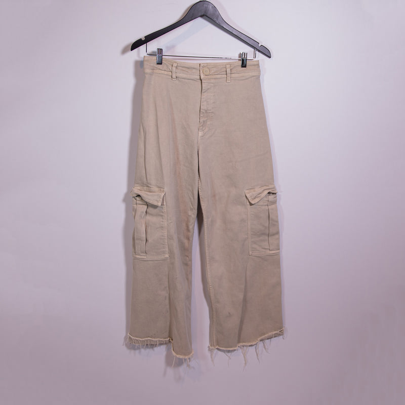 Zara Cotton Cargo Multi Pocket Wide Leg Frayed Raw Edge Hem Pants Beige 8