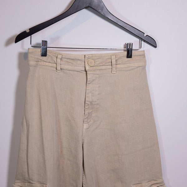 Zara Cotton Cargo Multi Pocket Wide Leg Frayed Raw Edge Hem Pants Beige 8