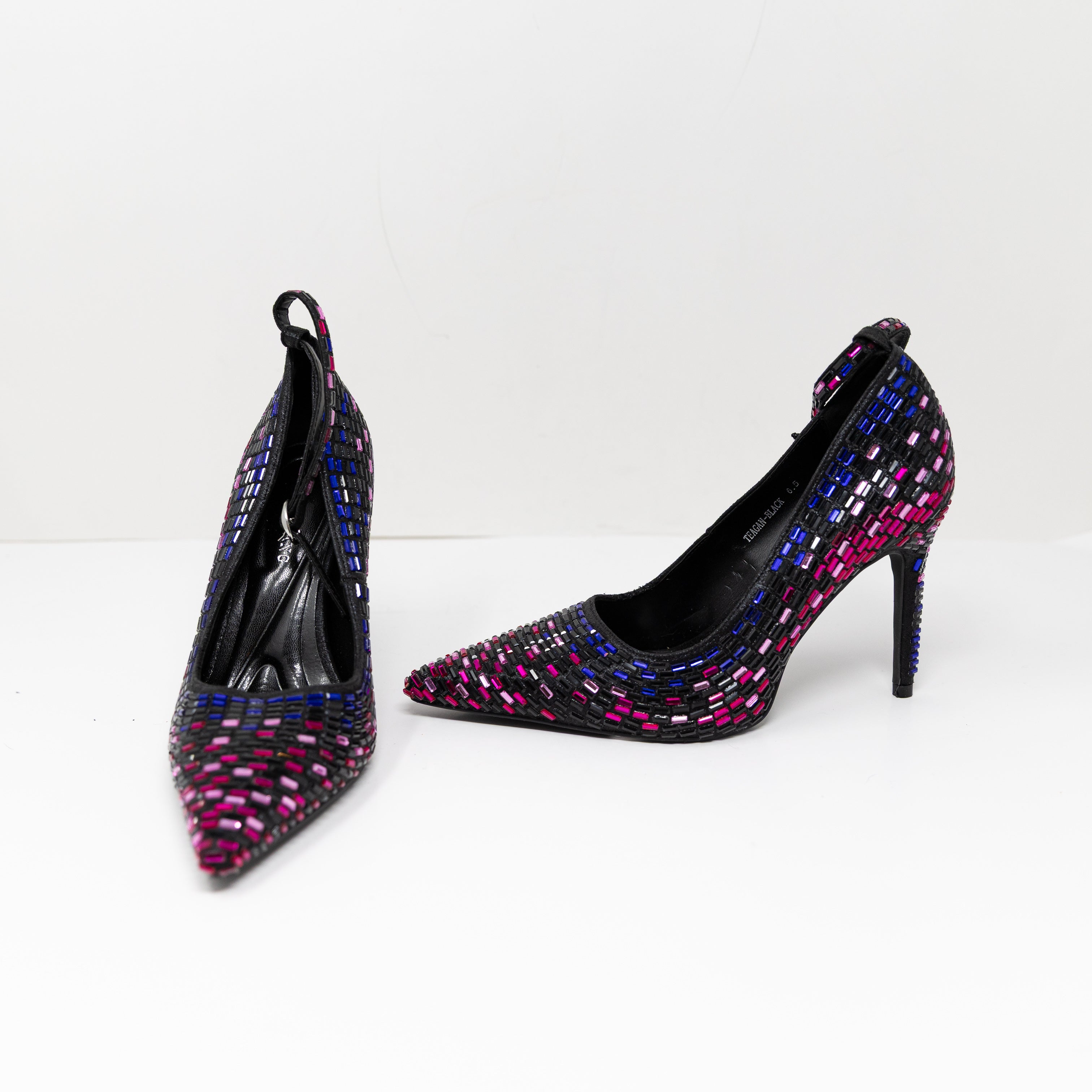 NEW Azalea Wang Teagan Black Multi Rhinestone Crystal Ankle Strap Pump Heels 6.5