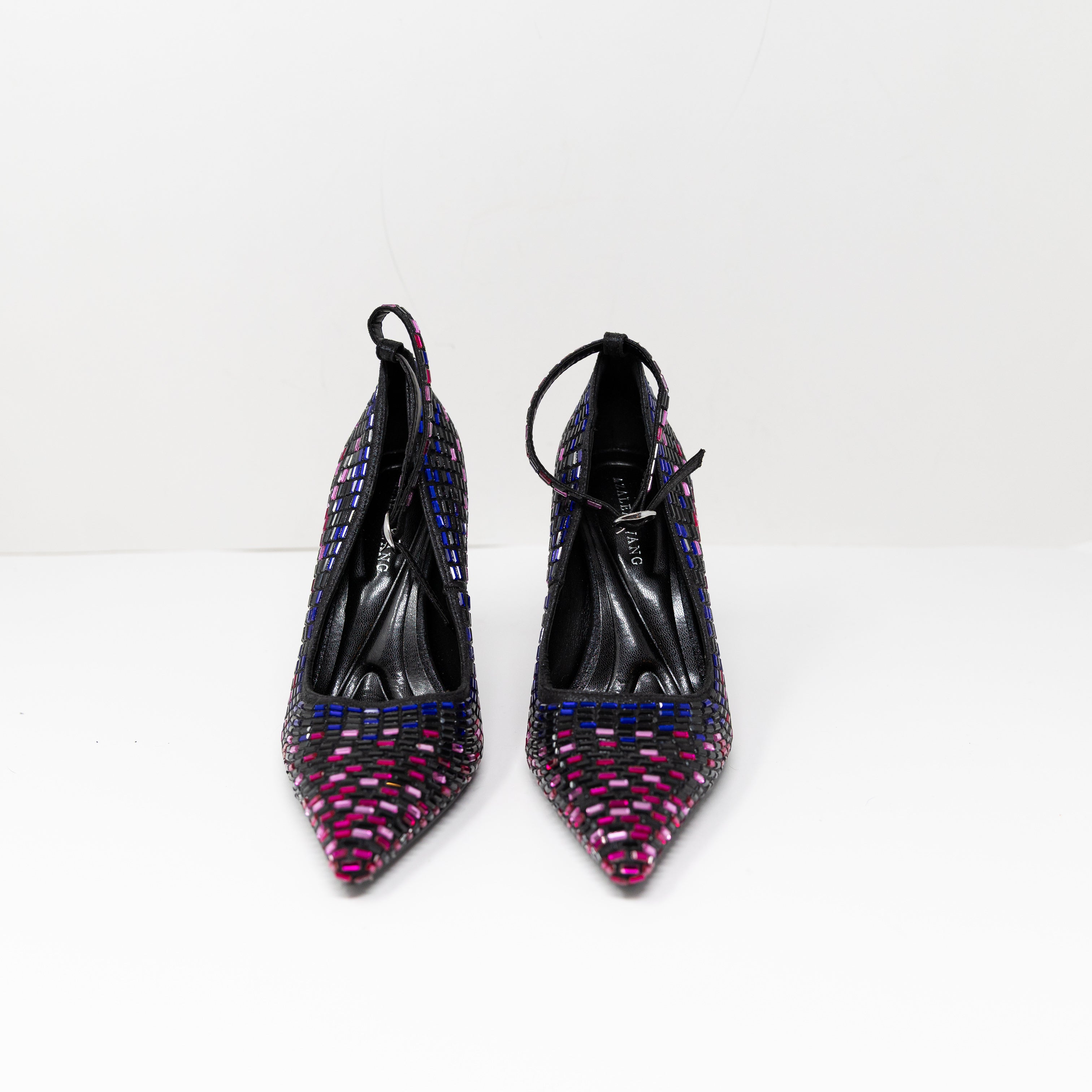 NEW Azalea Wang Teagan Black Multi Rhinestone Crystal Ankle Strap Pump Heels 6.5