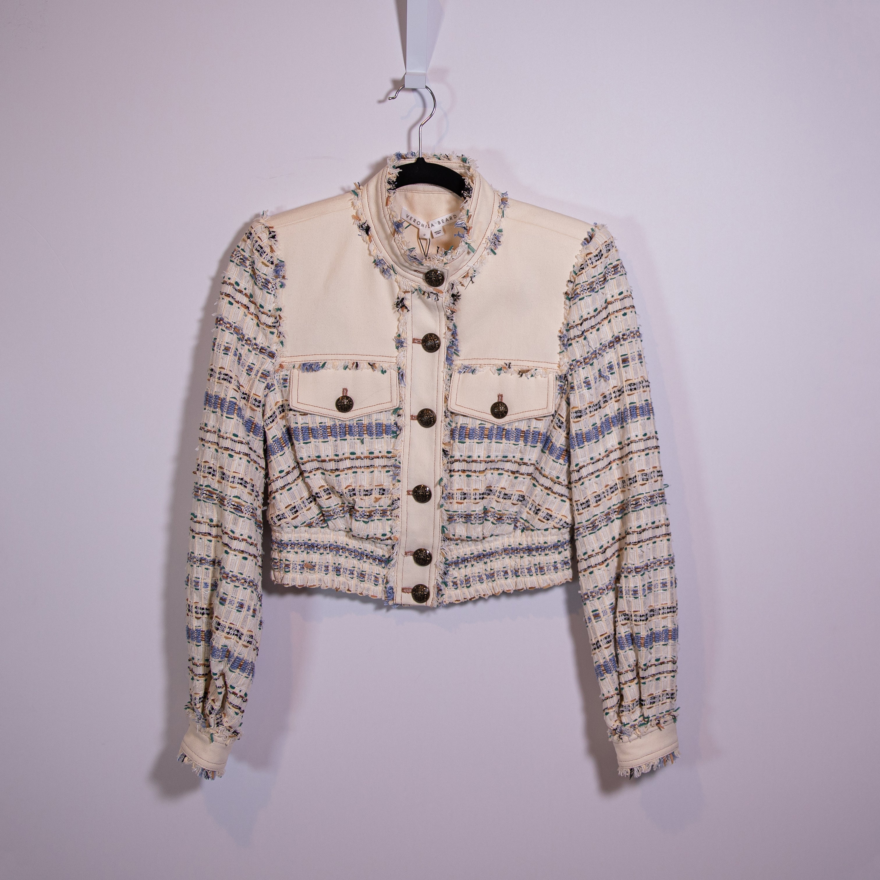 NEW Veronica Beard Darren Cotton Tweed Boucle Textured Jacket Ecru Multi 0